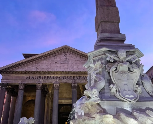 The fountain that sits directly in front of the Pantheon in Rome's Piazza della Rotonda